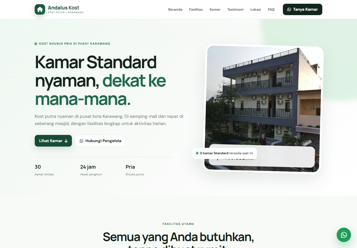 Screenshot langsung website Andalus Kost di Karawang