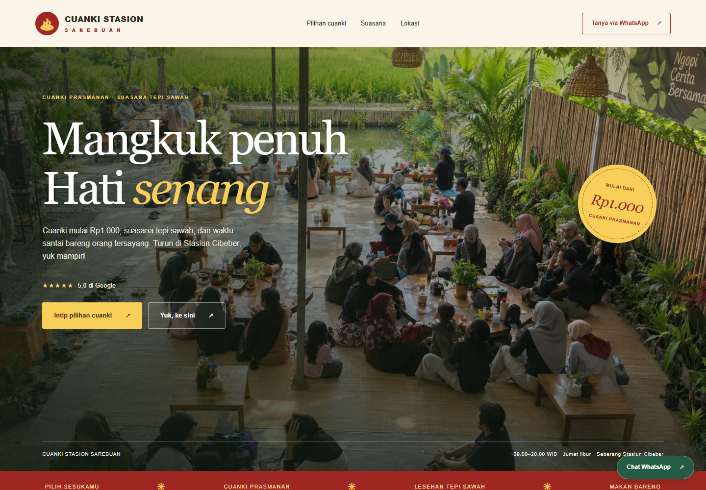 Website Cuanki Stasion Sarebuan dengan suasana lesehan tepi sawah di Cibeber