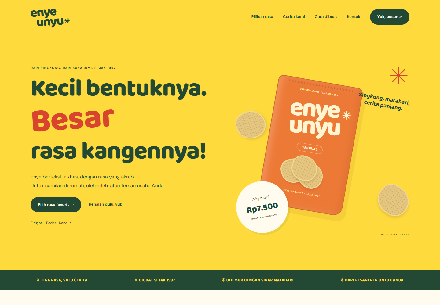 Preview desain website Enye Unyu dengan warna kuning, hijau, dan ilustrasi kemasan