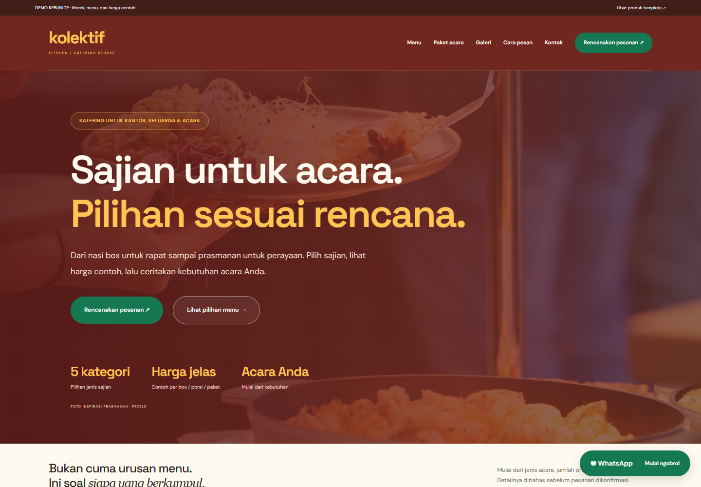 Preview template Kolektif Kitchen dengan desain merah hangat dan aksen emas